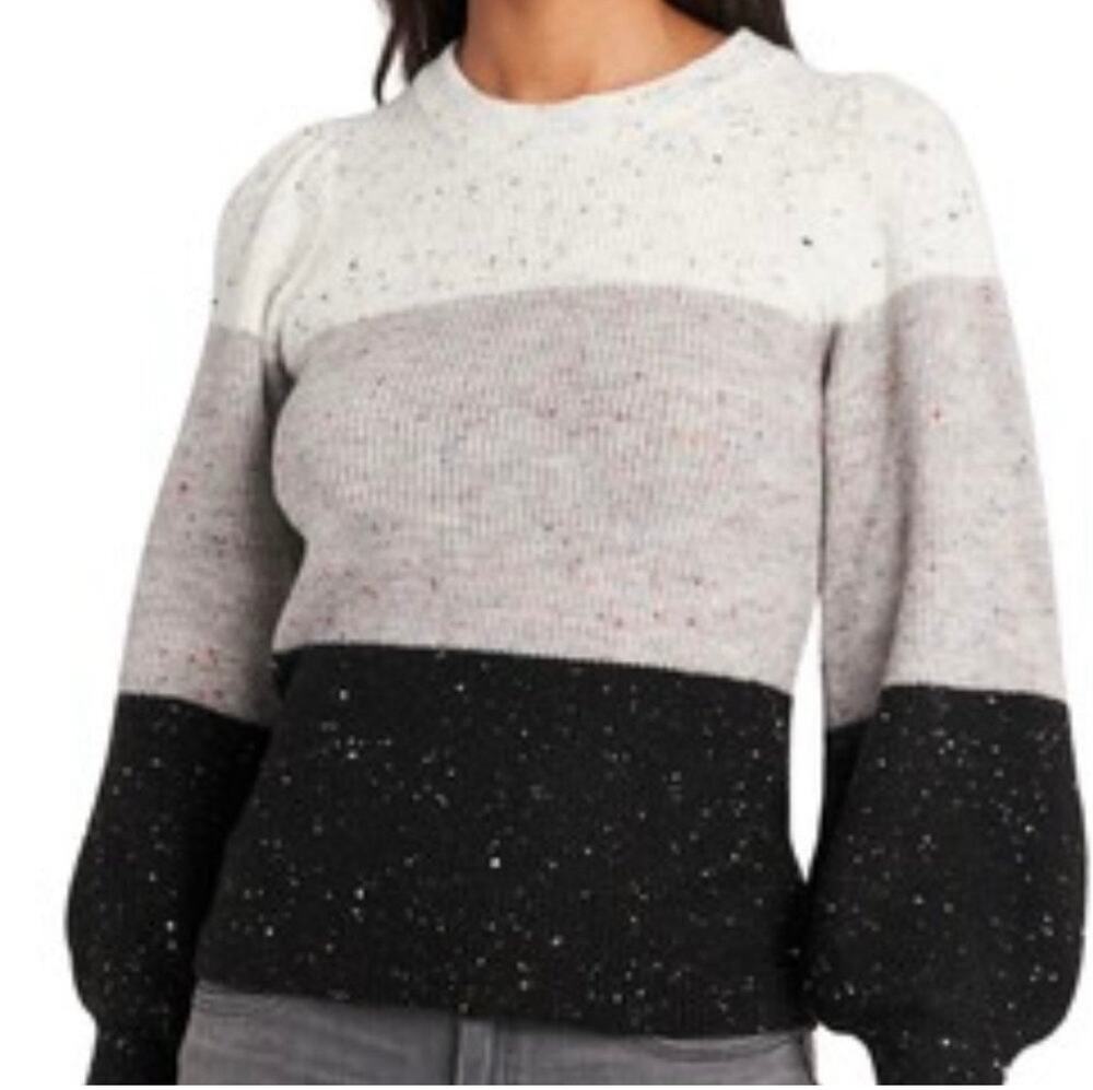 1. State Puff Sleeve Sweater Color Block Flecked Cream Gray Black Size XL